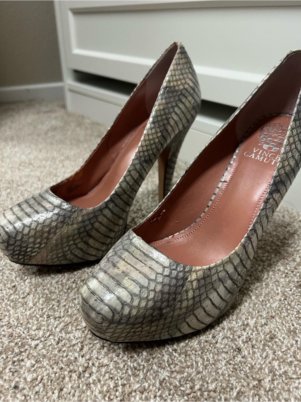 Vince Camuto Women's Snake-Print Platform Pumps in Gray